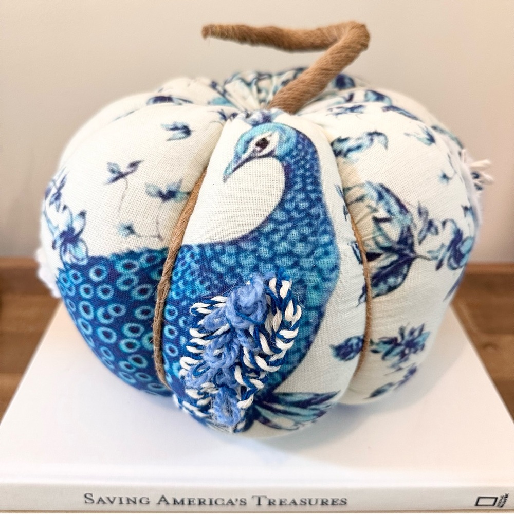Large Blue & White Peacock and Floral Fabric Cloth Handmade Pumpkin decor